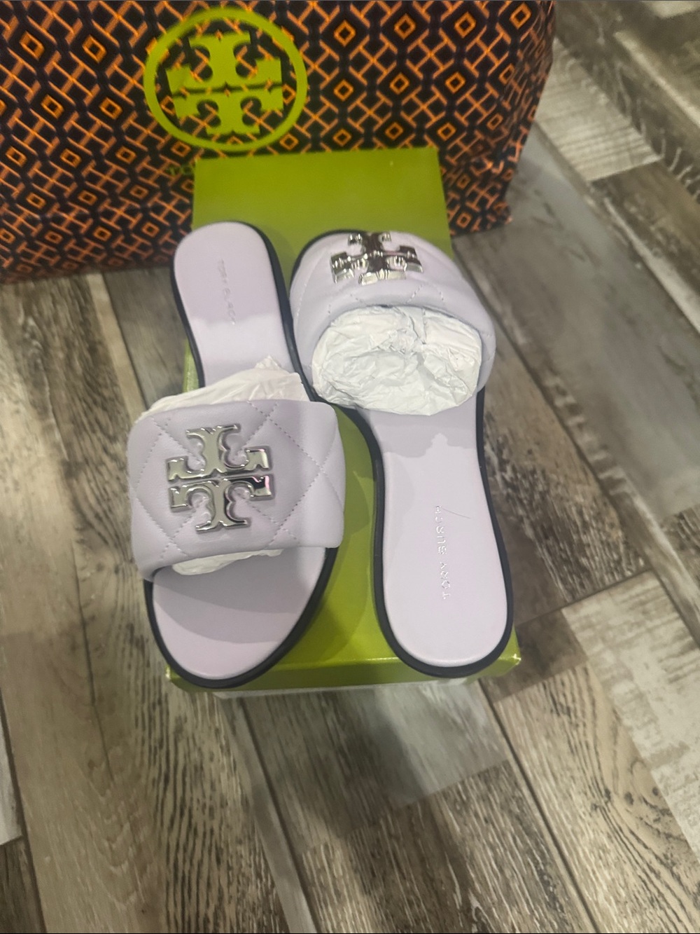 Tory Burch Quilted Lilac Slide Mules with Silver Logo - Picture 4 of 5